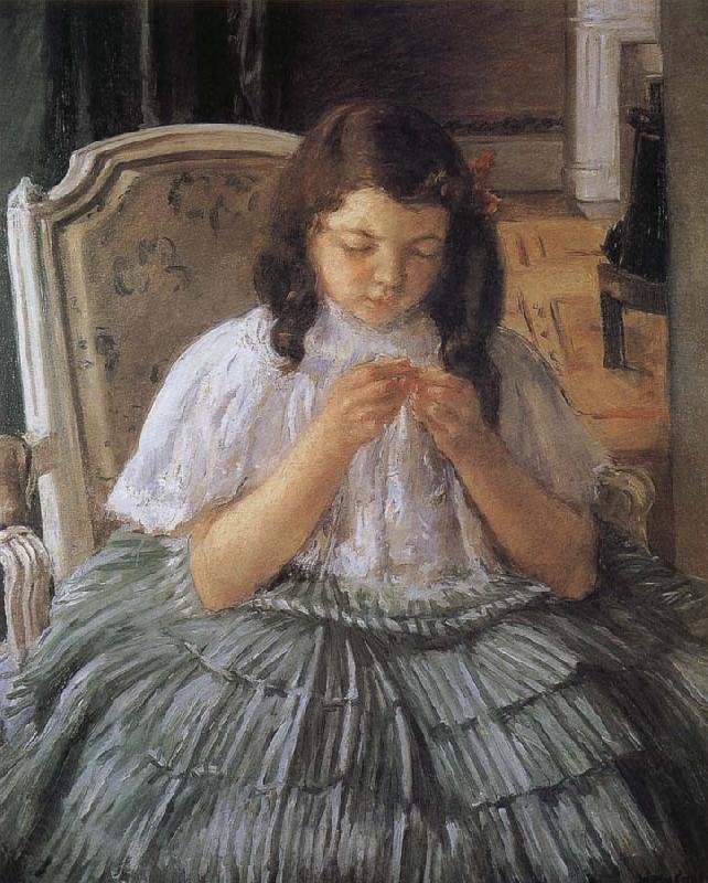 Mary Cassatt The girl is sewing in green dress Spain oil painting art